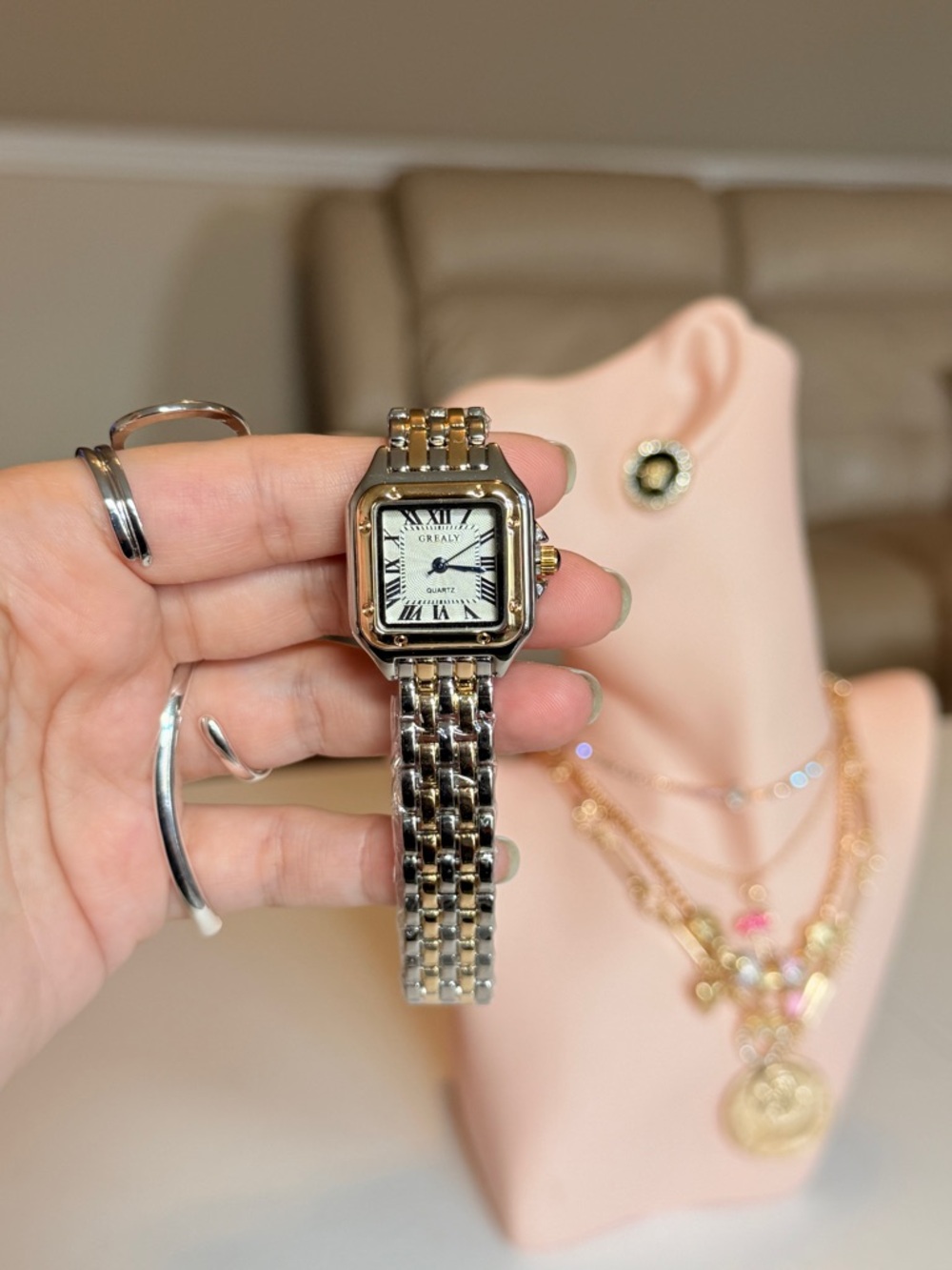 Two-Tone Women's Square Dial Bracelet Watch - Gold & Silver - Picture 3 of 9